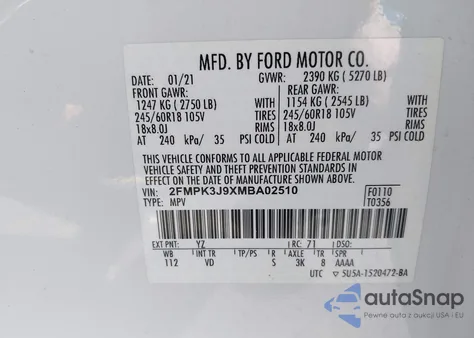 2021 Ford Edge Sel из США, поврежденный, VIN 2FMPK3J9XMBA02510